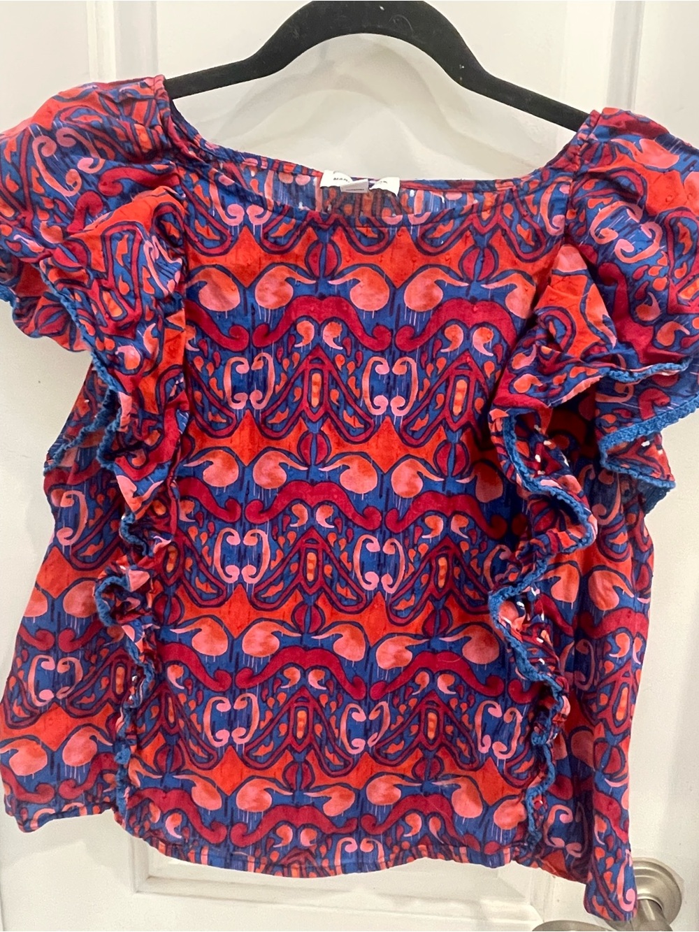 Marc New York Red and Blue Patterned Ruffle-Sleeve Blouse